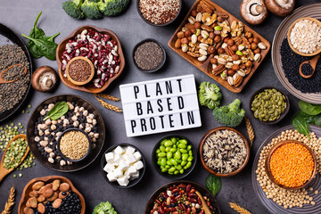 Variety of vegan, plant based protein food, legumes, lentils, beans