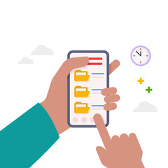 Hand holding smartphone with files folders illustration.