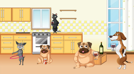 In house scene with dogs drinking wine