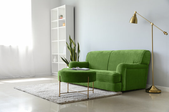 Interior of living room with green sofa, shelving unit, lamp and houseplant