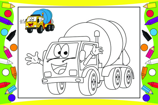 coloring cement truck cartoon for kids