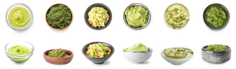 Set of different tasty green sauces in bowls on white background