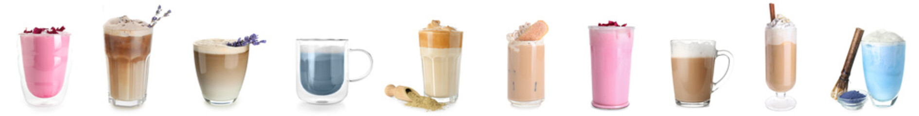 Set of different latte coffee on white background - obrazy, fototapety, plakaty