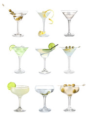 Set of tasty martini cocktails isolated on white