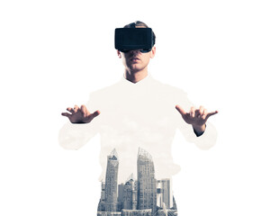 Guy wearing checked shirt and virtual mask stretching hands and trying to concentrate