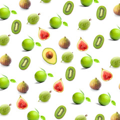 Set of fresh green fruits on white background