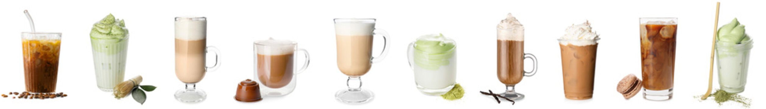 Set of different latte coffee on white background