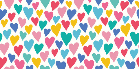 Heart background pattern banner. Vector seamless repeat border of hand drawn textured colourful love hearts. 