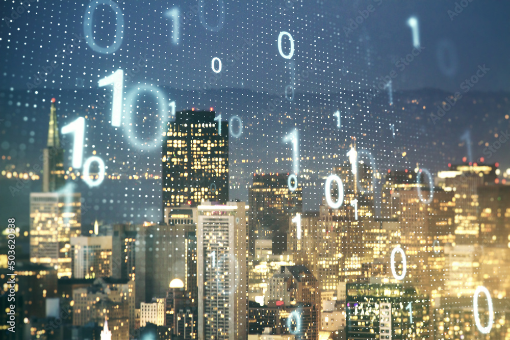 Aufkleber abstract virtual binary code sketch on san francisco office buildings background, hacking and matrix