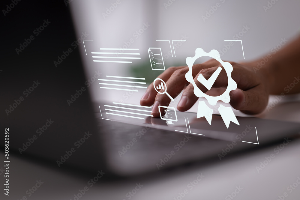 Poster a businessman operating with the quality assurance, guarantee, standardization, iso certification, a