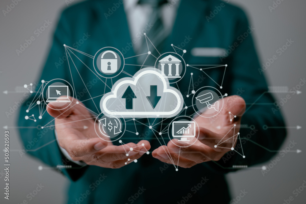 Poster A guy holding displaying a cloud computing schematic. Cloud computing networking and internet service principles for data storage.