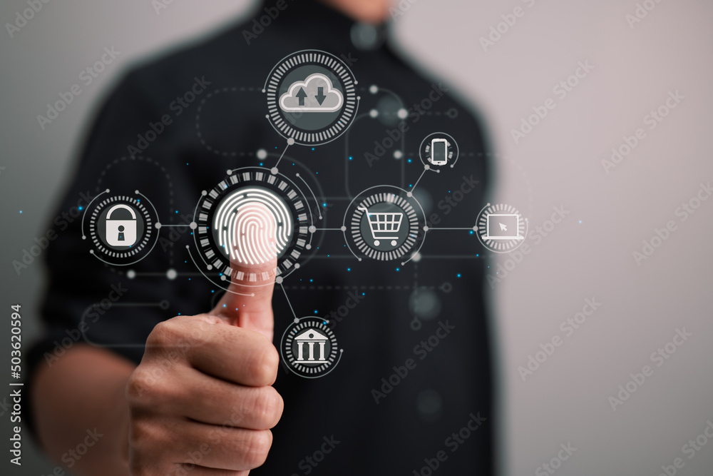 Aufkleber online transactions, a businessman touching a fingerprint scanner gives a secure interface for payme