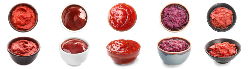 Set of different tomato sauces in bowls on white background