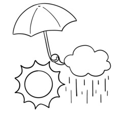 Cute outline illustration of cloud that protect the sun from rain. Weather concept. Rainy day. Cloud holds the umbrella. Hand drawn cartoon art in doodle sketch style. Kids,children style baby drawing