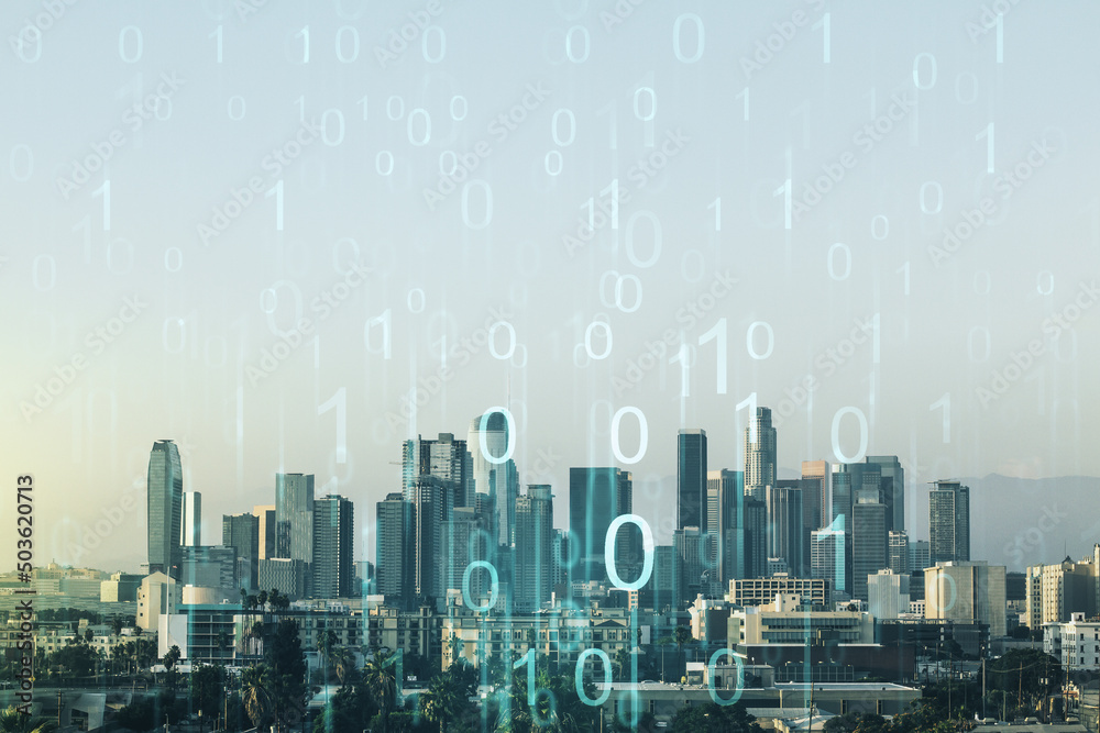 Poster abstract virtual binary code illustration on los angeles skyline background. big data and coding con