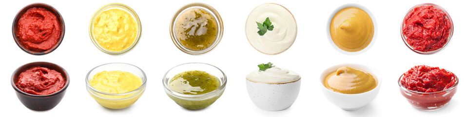 Set of different tasty sauces in bowls on white background