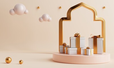 Minimal product podium with present gift boxs in Ramadan or Eid Mubarak Islamic traditional culture style on coral color background. Holiday and Arabian festival concept. 3D illustration rendering