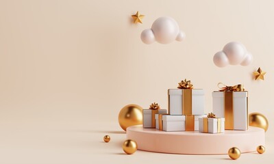 Minimal product podium with present gift boxs and clouds in Happy New year or Ramadan festival on coral color background. Holiday concept. 3D illustration rendering