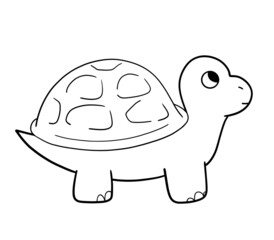Hand drawn turtle in cartoon style. Black and white tortoise. Outline animal for coloring page, book for kids, children and baby. Cute childish decoration with black contour. 