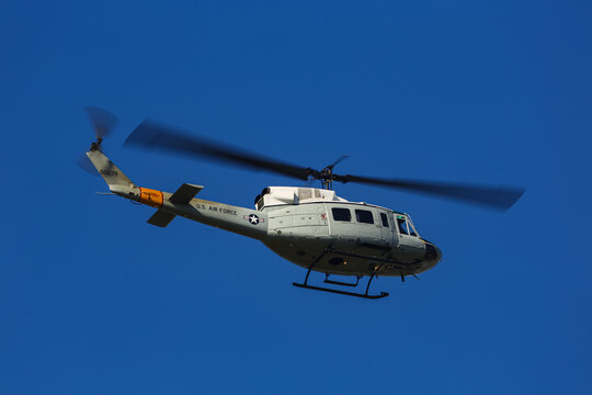 TOKYO, JAPAN - Nov 7, 2017: At Yokota Air Base, A UH-1 Helicopter Of The US Air Force Protects The President From The Air.
