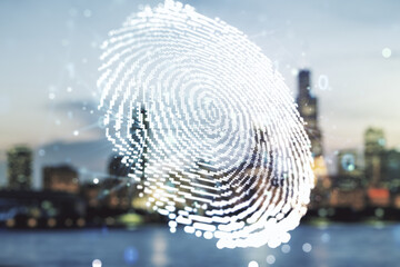 Multi exposure of virtual abstract fingerprint illustration on blurry skyline background, digital access concept