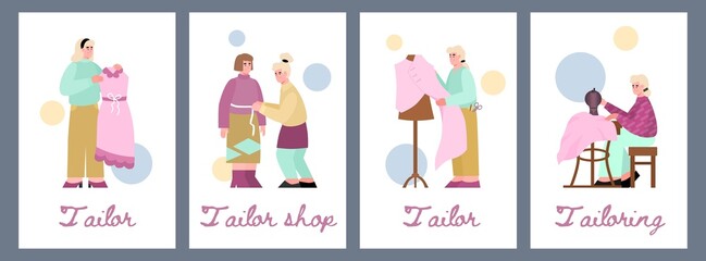 Set of vertical pages, posters, tailoring shop, vector flat illustration.