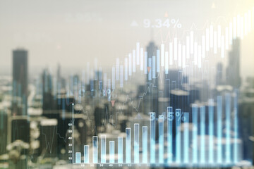 Multi exposure of virtual abstract financial diagram on blurry office buildings background, banking and accounting concept