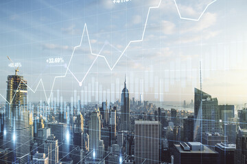Abstract virtual financial graph hologram on New York skyline background, forex and investment concept. Multiexposure