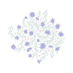 Vector illustration of delicate small purple and pink flowers on stems in circle composition on a white background. Natural clipart