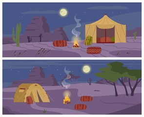 Desert camping night time landscape backdrops set, flat vector illustration.