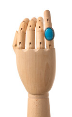 Wooden hand with stylish ring on white background