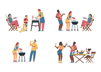 Diverse families have barbecue party, flat vector illustration. Black and white people make and eat grill food outside.