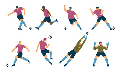Fototapeta na wymiar Football or soccer players attack and hit ball, vector illustration isolated.