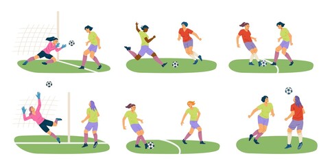 Woman soccer player. Flat vector illustration. Female soccer match or game. Girls play football, kick the ball.