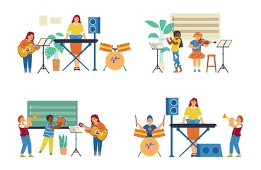 Children music class or art school set, flat vector illustration isolated.