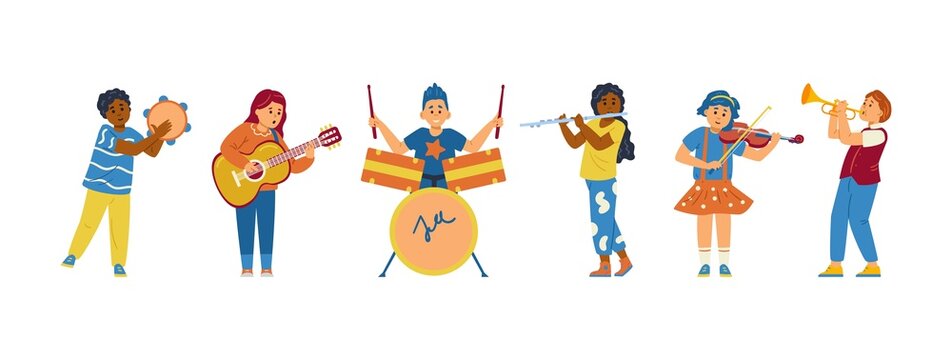 Kids playing different musical instruments flat vector illustration isolated.
