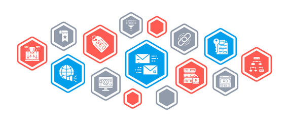 SEO banner concept. Bookmark, Hosting, Hyperlink, Advertisement, Data Transfer banner flat style vector illustration.