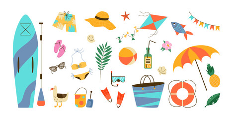 Beach summer sea vacation set of accessories flat vector illustration isolated.
