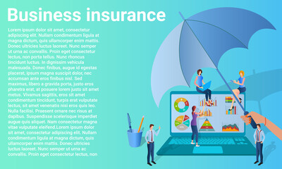 Business insurance.The concept of preserving and eliminating business risks.People on the background of a laptop with business information and an umbrella.Vector illustration.