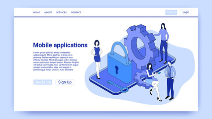 Mobile applications.People on the background of a smartphone study the work of applications.An illustration in the style of the landing page is blue.