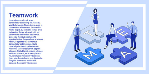 Teamwork People collect puzzles as a symbol of teamwork.An illustration in the style of the landing page is blue.