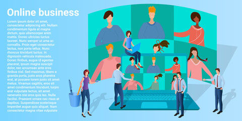 Online business.People hold a business meeting using an internet video connection.People on the background of a working laptop.Vector illustration.