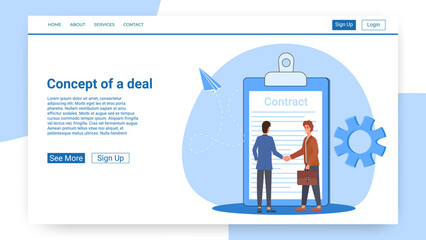 Contract.The Сoncept of a deal and a business handshake.People on the background of contracts make a deal.Vector illustration.