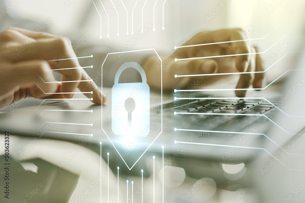 Aufkleber Creative lock illustration with microcircuit and hands typing on computer keyboard on background, cyber security concept. Multiexposure