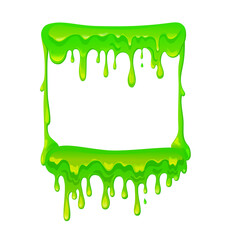 Square frame with a flowing green slime. Dripping toxic viscous mucus. Vector cartoon illustration. 
