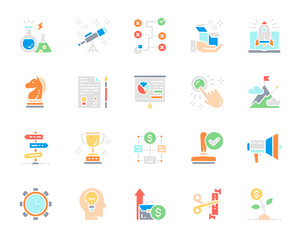 Set of startup white line icon. Megaphone, time management, money tree, idea generation, presentation and more.