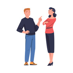 Young Smiling Man and Woman with Folded Arms in Standing Pose Talking Vector Illustration