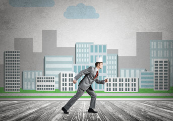 King businessman in elegant suit running and cityscape silhouette at background