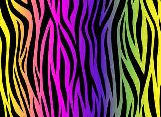 Zebra rainbow abstract seamless pattern. Black lines. Colorful stripes, repeating background. Vector printing for fabrics, posters, banners. 