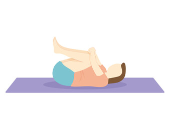 寝転んで両足を抱えてストレッチをするダイエット中の女性　マット有り・表情無し